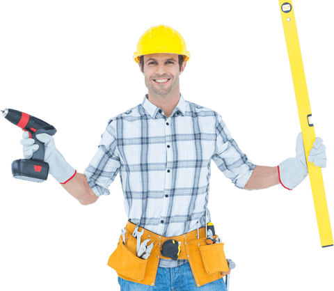 confident technician with drill and spirit level transparent background - Download Free Stock Videos Pikwizard.com