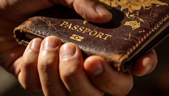 Holding worn leather passport cover in warm sunlight revealing gold passport embossing