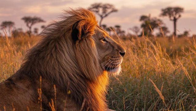 Majestic lion with full mane at sunset on african savannah