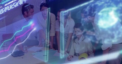 Executive team reviewing financial reports with neon data overlays and holographic insights