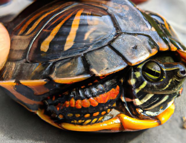 Close up of painted turtle created using generative ai technology. Animals, wildlife and nature concept, digitally generated image.