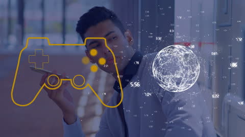 Futuristic Businessman with Virtual Globe and Gamepad Icons