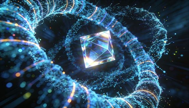Prismatic cube refracting neon light with swirling particle ribbons in dark void iridescent