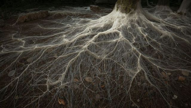 Ghostly mycelium web draping exposed tree roots on mossy forest floor, intricate fungal network