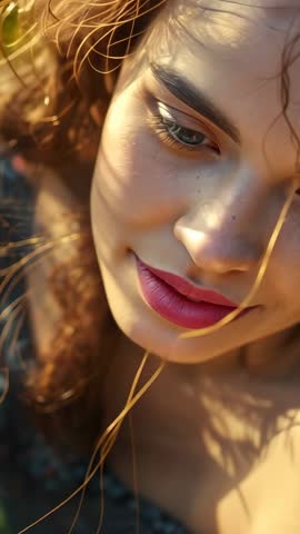 Vertical video of woman reading in sunlit yard, smiling and relaxing in closeup portrait