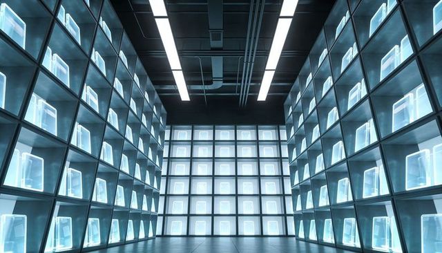 Glowing Futuristic Archive Chamber Featuring Symmetric LED Cubby Grid and Cyan Modules