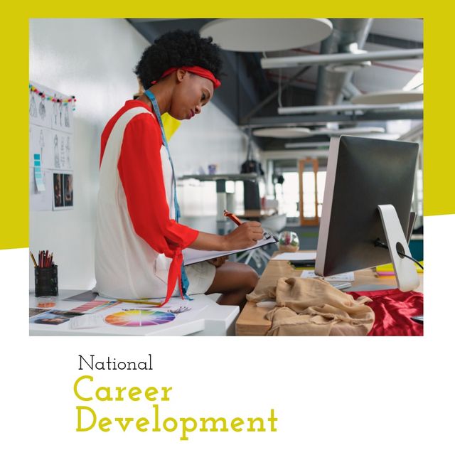 Image of an African American female fashion designer is suitable for content related to career development, creativity, fashion industry, professional growth, and workspace environments. Ideal for promotional materials, magazines, blogs, or websites focused on careers, entrepreneurial stories, and design inspirations.