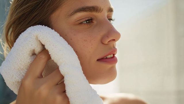 Pressing white terry towel against freckled cheek, close-up natural skincare everyday