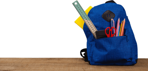 Transparent blue school backpack with stationery items on desk