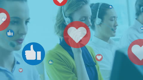 Customer Support Team Engaged with Social Media Icons Overlay