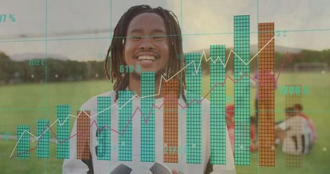 Joyful Soccer Player with Graph Overlay Emphasizing Success Metrics