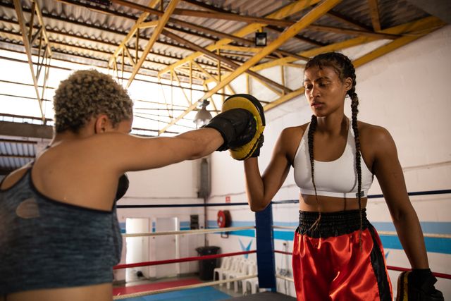 Two biracial female boxers practicing in a boxing gym wearing sports clothes, one woman punching with boxing gloves on the other holding boxing pad. Strength sports achievement.