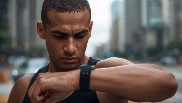 Focused urban runner checking smartwatch for heart rate after intense city street workout