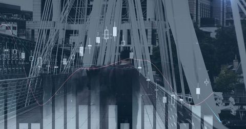 Businessman Walking on Bridge with Overlaid Financial Data Charts