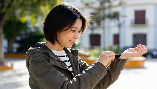 Sunlit urban portrait of asian woman adjusting jacket cuff during casual streetstyle stroll