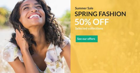 Joyful Woman Celebrating Spring Fashion with Discount Offer - Download Free Stock Templates Pikwizard.com