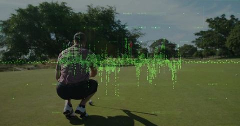 Golfer Analyzing Putt with Data Overlay on Green