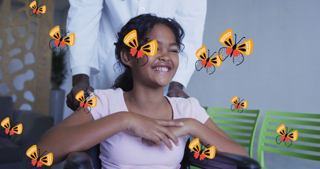 Joyful Girl in Wheelchair with Butterflies Surrounding Her - Download Free Stock Images Pikwizard.com