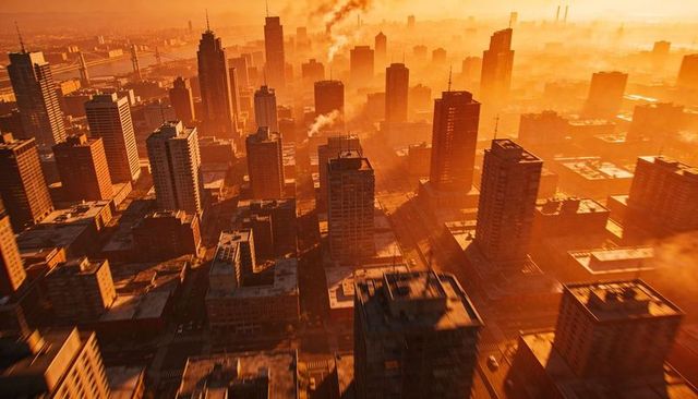 Golden sunrise bathing dense downtown skyline in hazy industrial glow with smoke plumes