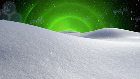 Wintery Night Scene with Green Northern Lights and Falling Snow