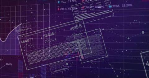 Futuristic floating wireframe keyboard with analytics panels and network visualization