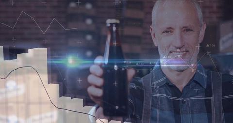Man Presenting Craft Beer at Bar with Data Overlay