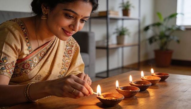 Woman in cream-gold sari lighting clay diyas for festival celebration at home with warm glow