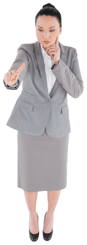 Confident Asian Businesswoman Pointing Finger in Grey Suit on Transparent Background