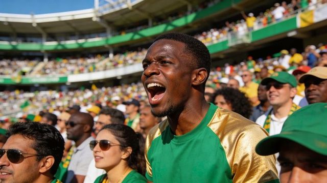 Passionate football fan shouting in crowded stadium wearing green and gold jersey