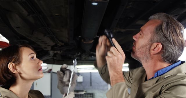 Mechanics Inspecting Vehicle Undercarriage in Auto Shop - Download Free Stock Images Pikwizard.com