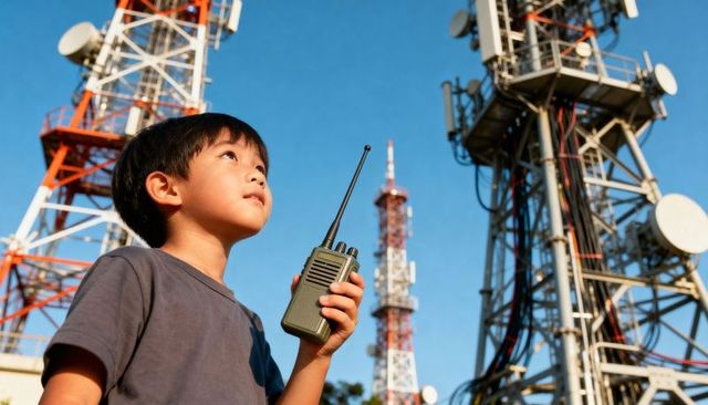 Asian child holding two-way radio observing telecom towers against blue sky stem inspiration