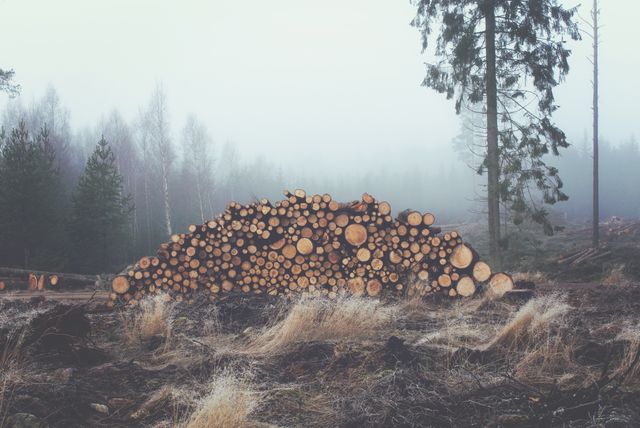 This image depicts a stack of freshly cut timber logs in a foggy forest. The background shows tall trees enveloped in mist, creating a serene and eerie atmosphere. The overall mood is tranquil yet somber, highlighting themes of deforestation and environmental impact. This can be used for articles on forestry, environmental conservation, climate change, advertisements for logging or timber industries, or to illustrate the natural beauty of foggy forests.
