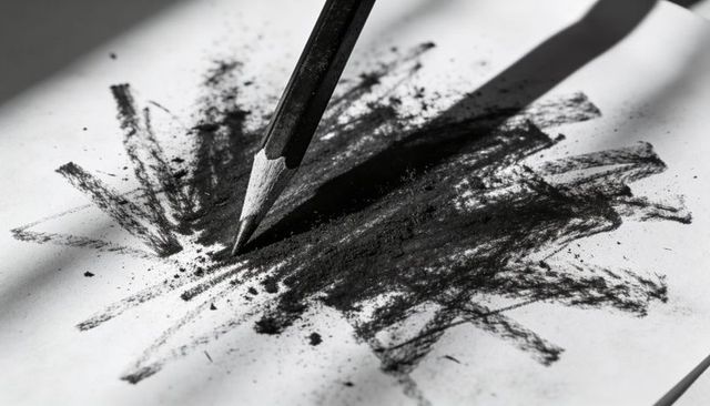 Sharpened graphite pencil creating dense black scribbles with textured dust and shadow