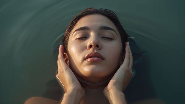 Young woman floating calmly in dark green water, close-up portrait with hands at temples