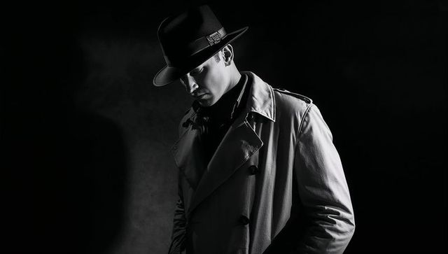 Classic detective in noir style with fedora hat and trench coat