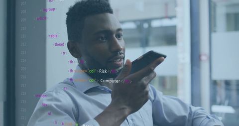 African American Businessman Engaged in Smartphone Call with Digital Overlay - Download Free Stock Images Pikwizard.com