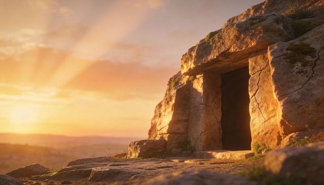 Weathered rock portal at golden sunset on plateau, sun rays illuminating cracked ledge