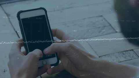 Hands Typing on Smartphone with Abstract Data Overlay