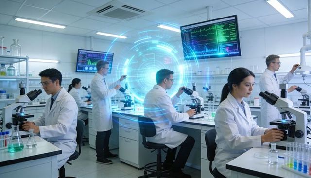Scientists analyzing samples with microscopes, holographic data overlay and ai lab analytics