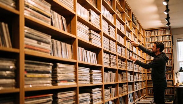 Man browsing vinyl collection on floor-to-ceiling wooden shelves in vintage record shop