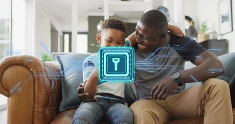 Father and son exploring augmented reality key hologram on tablet for family tech learning
