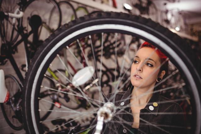 Female bicycle mechanic with red hair examining a bicycle wheel in a bike shop. She is focused and attentive, showcasing her skills in cycling maintenance and repair. This image can be used for promoting bike repair workshops, advertising professional mechanic services, or illustrating articles about women in skilled trades.