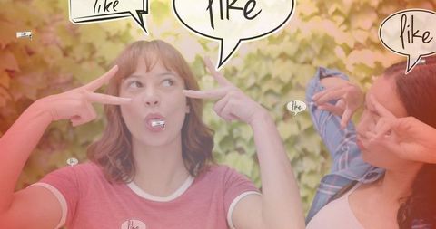 Friends posing with peace signs in backyard with ivy and playful speech bubbles