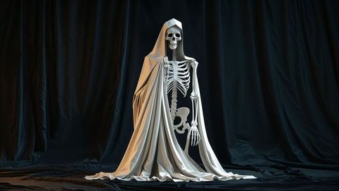 Dramatic grim reaper sculpture draped in pale fabric on stage