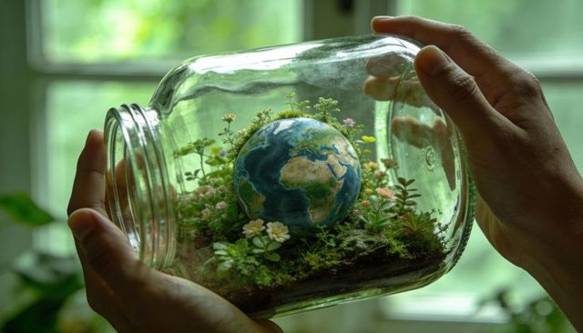Holding glass terrarium with miniature earth and lush moss garden for sustainability