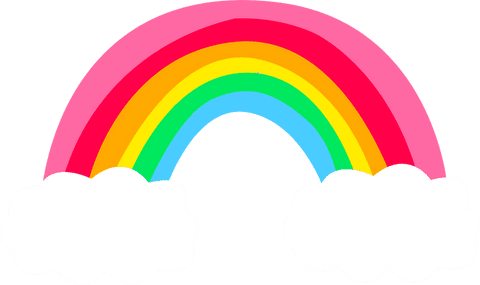 Flat style rainbow arching between clouds on transparent background