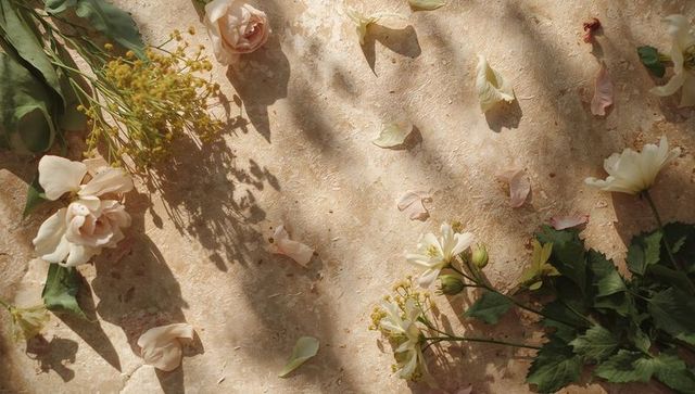 Sunlit pastel floral flat lay casting dappled shadows with blush roses and cream blooms
