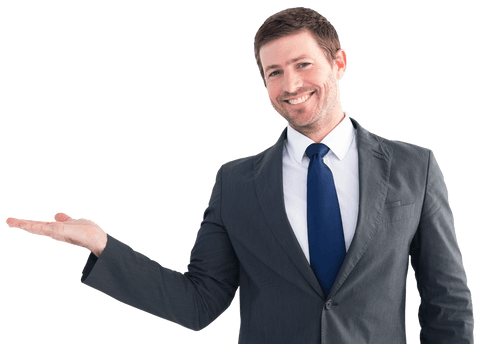 Confident Businessman Presenting with Outstretched Hand Transparent - Download Free Stock Videos Pikwizard.com