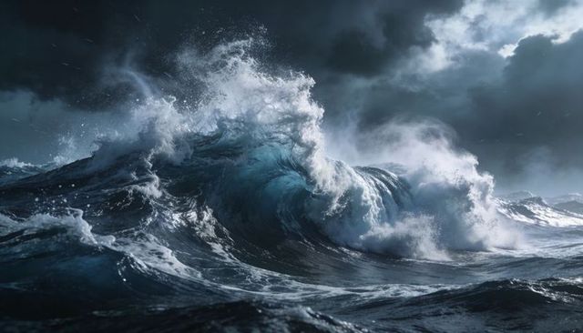 Crashing storm wave cresting into frothy foam under dramatic dark clouds at open sea
