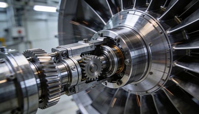 High-precision turbine rotor undergoing gear-mesh testing with rotating shaft and sparks